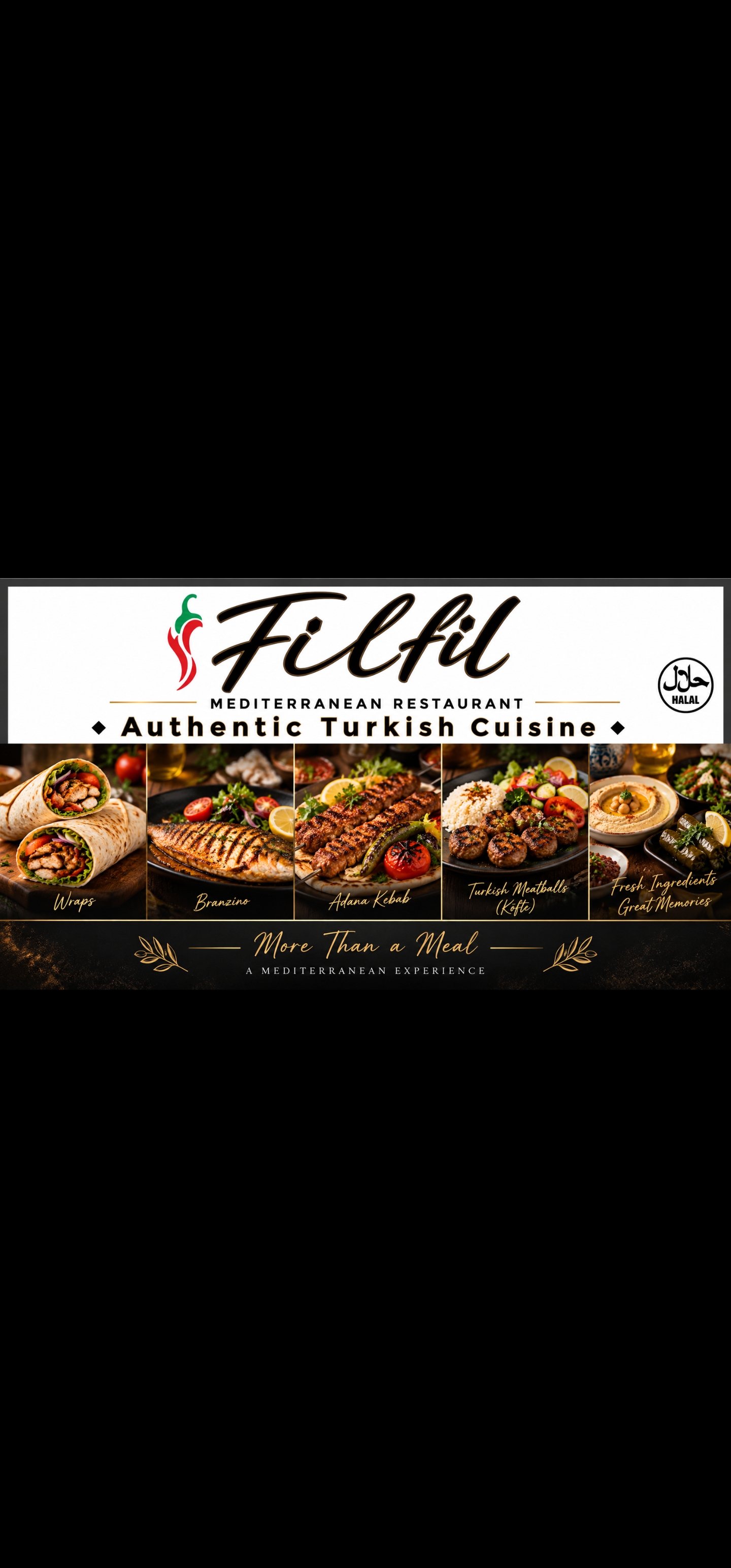 Filfil's signature restaurant sign with the red pepper logo, Turkish dishes and More Than a Meal message.